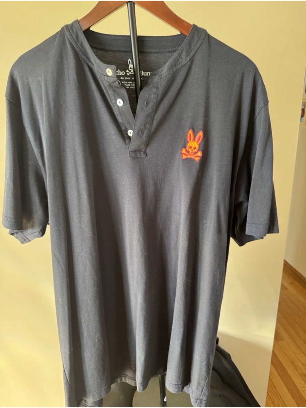 Psycho Bunny Black Short-Sleeve Henley with Orange Bunny Patch